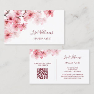 Pink Watercolor Cherry Blossoms Black Business Card