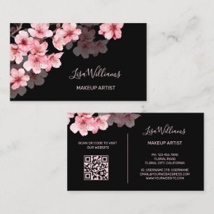 Pink Watercolor Cherry Blossoms Black Business Card