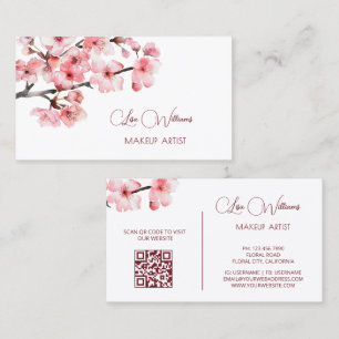 Pink Watercolor Cherry Blossoms Black Business Card