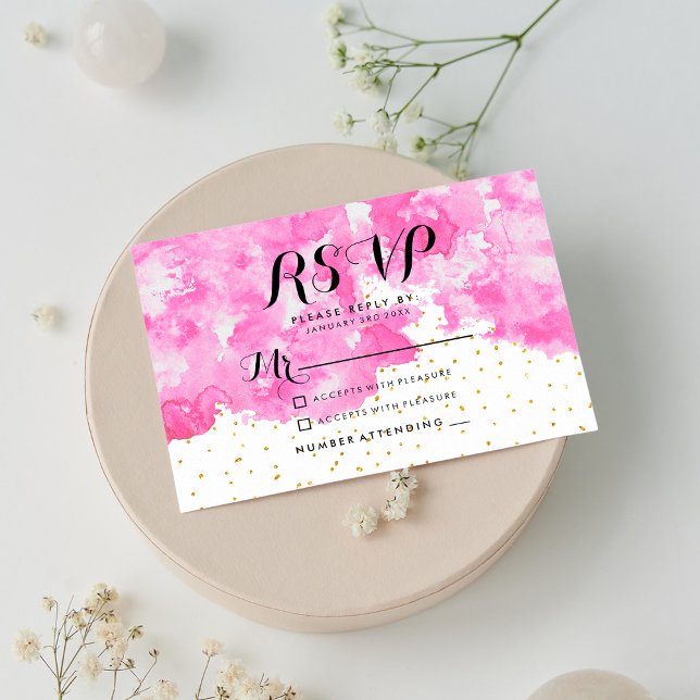 Pink watercolor chic elegant gold confetti RSVP Card (Pink watercolor chic elegant gold confetti RSVP )