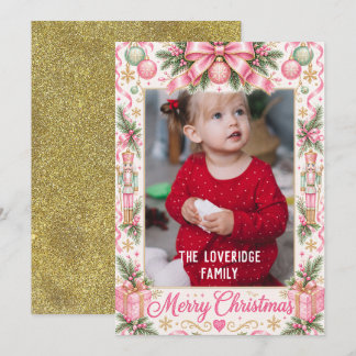 Pink Watercolor Christmas Photo Card Nutcracker