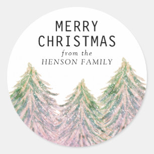 Pink Watercolor Christmas Tree Artistic Classic Round Sticker