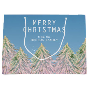 Pink Watercolor Christmas Tree Artistic Large Gift Bag