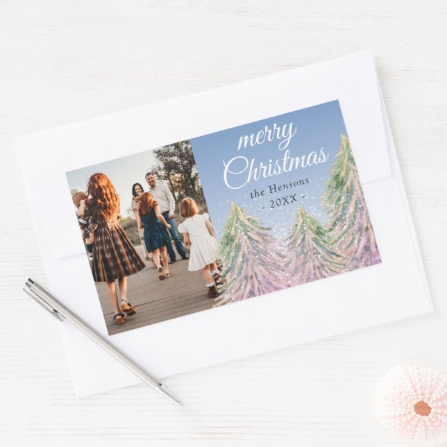 Pink Watercolor Christmas Tree Artistic Photo Rectangular Sticker (Envelope)