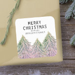 Pink Watercolor Christmas Tree Artistic Square Sti Square Sticker<br><div class="desc">Pink Green Watercolor Christmas Tree Artistic Stickers. Festive watercolor pink and green Christmas trees with snow and a Merry Christmas wish. Add your text.</div>