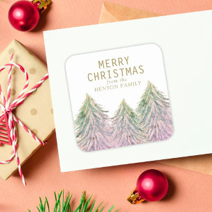 Pink Watercolor Christmas Tree Artistic Square Sticker