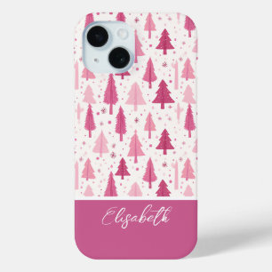 Pink Watercolor Christmas Tree Pattern iPhone 15 Case