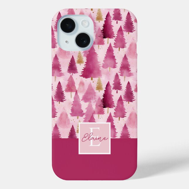 Pink Watercolor Christmas Tree Pattern Case-Mate iPhone Case (Back)