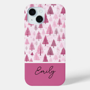 Pink Watercolor Christmas Tree Pattern iPhone 15 Case