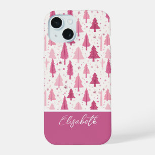 Pink Watercolor Christmas Tree Pattern iPhone 15 Case