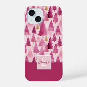 Pink Watercolor Christmas Tree Pattern iPhone 15 Case