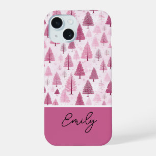 Pink Watercolor Christmas Tree Pattern iPhone 15 Case