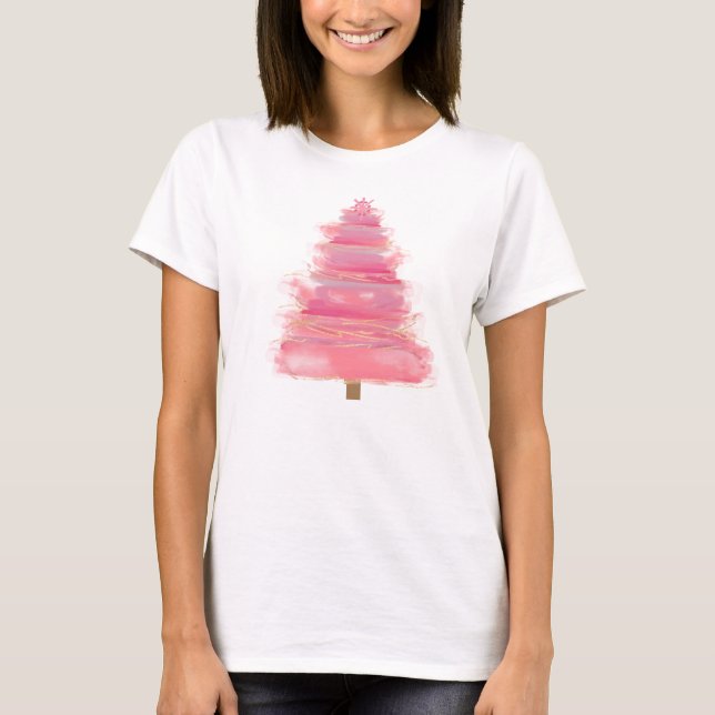 Pink Watercolor Christmas Tree  T-Shirt (Front)