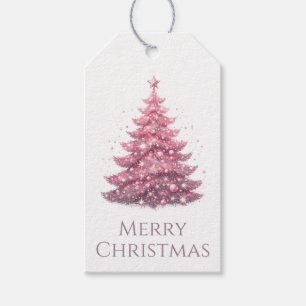 Pink Watercolor Christmas Tree w/ Sparkle Accents Gift Tags