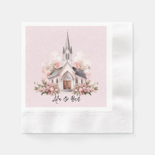 Pink Watercolor Church Wedding Napkin (Front)