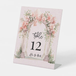 Pink Watercolor Church Wedding Table Number Pedestal Sign