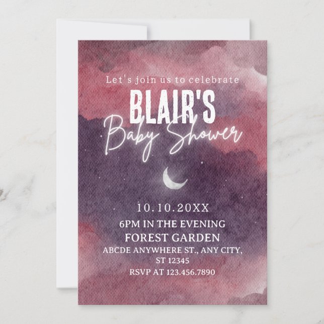 Pink Watercolor cloud sky art baby shower, Invitation (Front)
