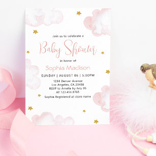 Pink Watercolor Clouds Baby Girl Shower Invitation