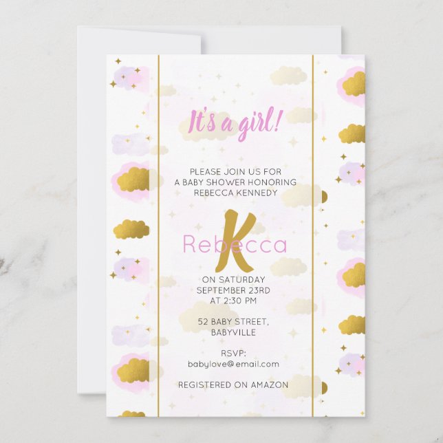 Pink Watercolor Clouds Gold Stars Sky Baby Shower  Invitation (Front)