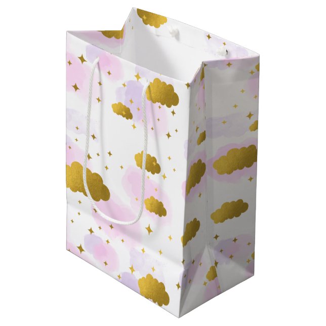 Pink Watercolor Clouds Gold Stars Sky   Medium Gift Bag (Front Angled)