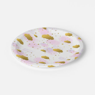Pink Watercolor Clouds Gold Stars Sky Paper Plate