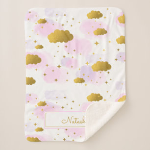 Pink Watercolor Clouds Gold Stars Sky Sherpa Blanket