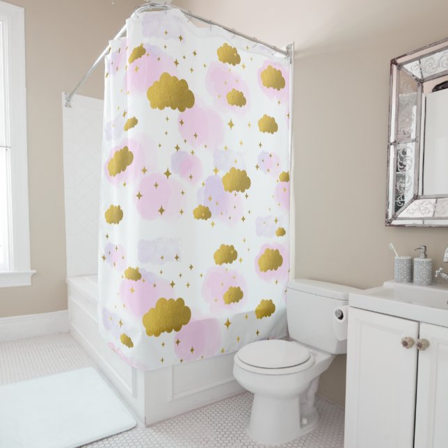 Pink Watercolor Clouds Gold Stars Sky  Shower Curtain (In Situ)