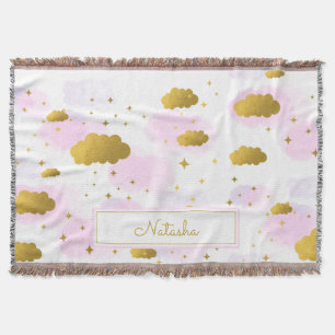 Pink Watercolor Clouds Gold Stars Sky Throw Blanket