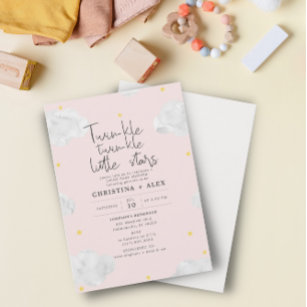 Pink Watercolor Clouds Twin Girls Baby Shower Invitation