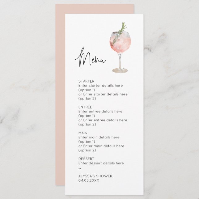 Pink Watercolor Cocktail Wedding Menu Card (Front/Back)