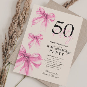 Pink Watercolor Coquette Bow 50th Birthday Beige Invitation