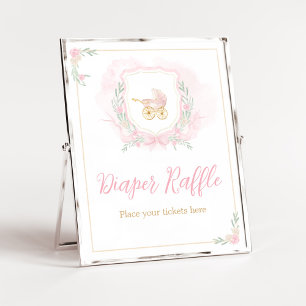 Pink Watercolor Crest Baby Shower Diaper Raffle Poster