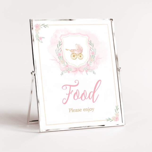 Pink Watercolor Crest Baby Shower Food Poster (Pink Gold Carriage Crest Baby Shower Food Sign)