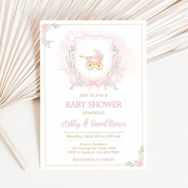 Pink Watercolor Crest Baby Shower Invitation (Pink Gold Carriage Crest Baby Shower Invitation)
