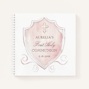 Pink Watercolor Crest First Communion Guest Book