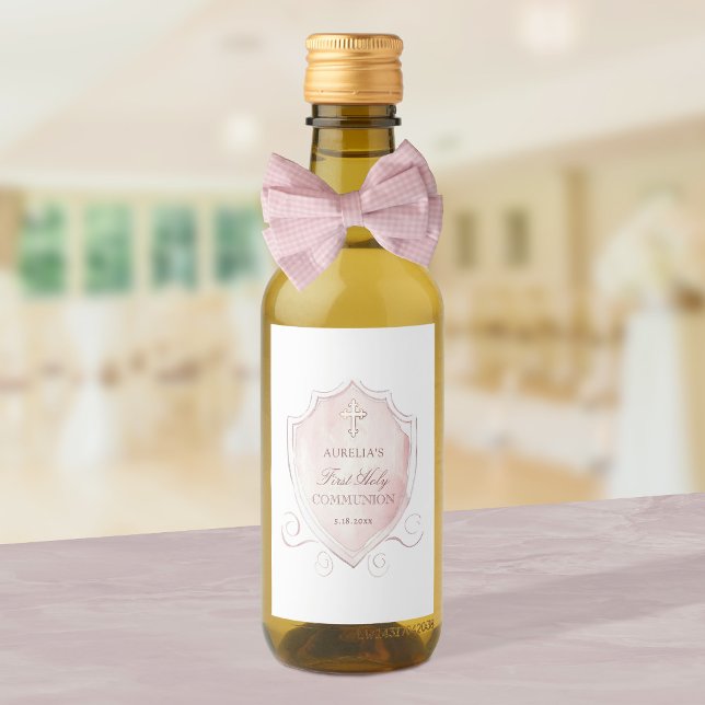 Pink Watercolor Crest First Communion Wine Label (Creator Uploaded)