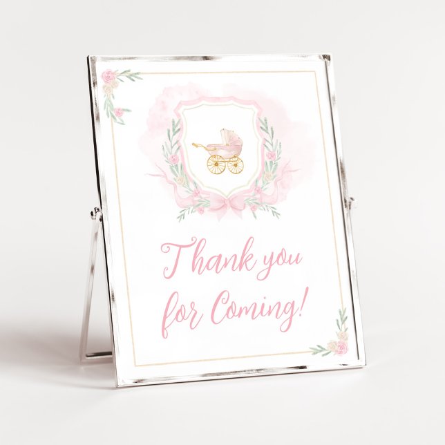 Pink Watercolor Crest Thank you for Coming Poster (Pink Gold Carriage Crest Baby Shower Thank you for Coming Sign)