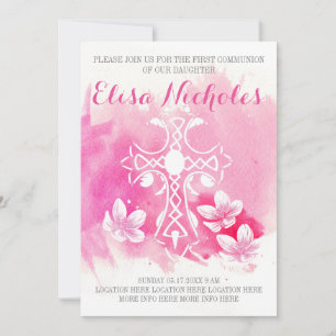 Pink watercolor cross floral First Holy Communion Invitation