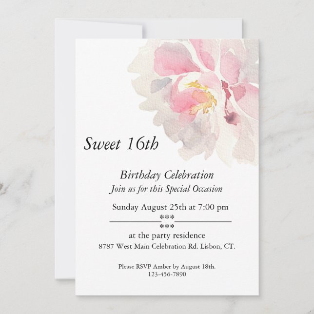 Pink Watercolor, Customisable, Sweet 16th  Invitation (Front)