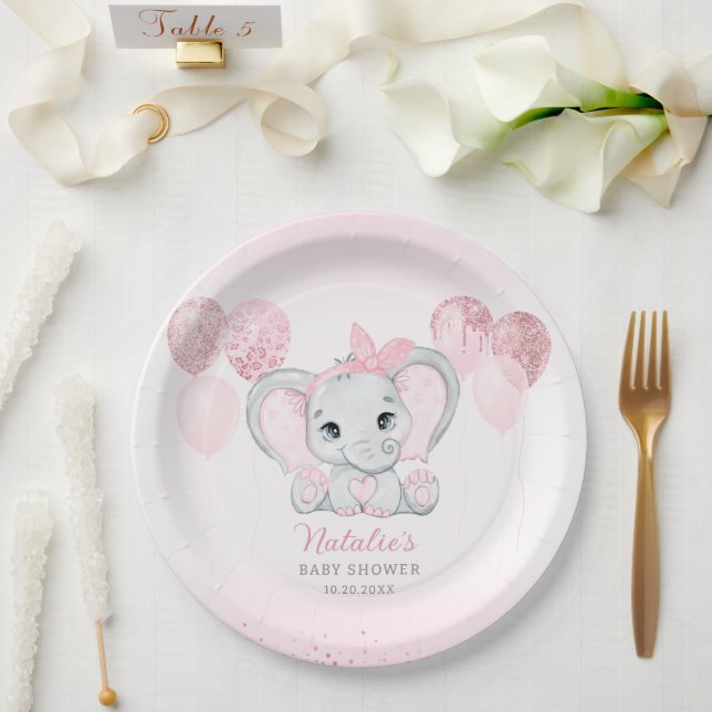 Pink Watercolor Cute Elephant Girl Baby Shower  Paper Plate (Wedding)