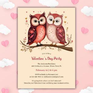 Pink Watercolor Cute Owls Valentine's Day Party Invitation