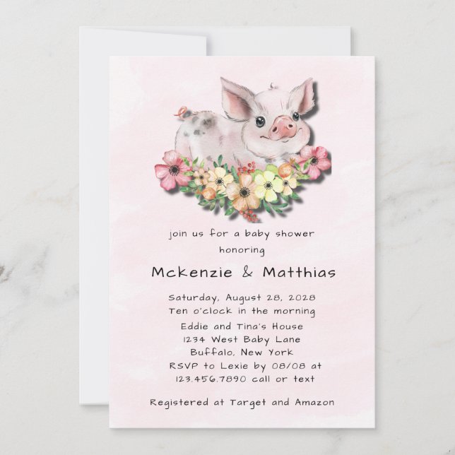 Pink Watercolor Cute Pig Girl Baby Shower Invitation (Front)