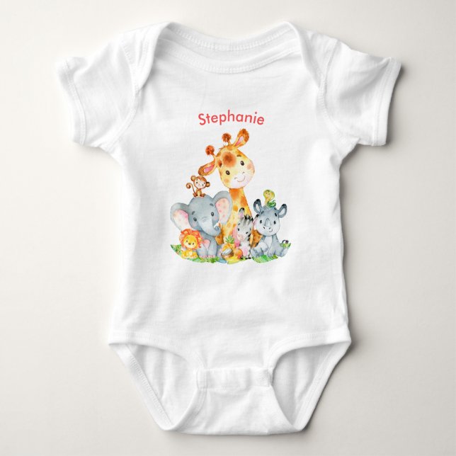 Pink Watercolor Cute Safari Jungle Animals Baby Bodysuit (Front)