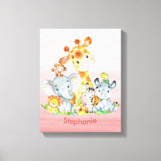 Pink Watercolor Cute Safari Jungle Animals Canvas Print