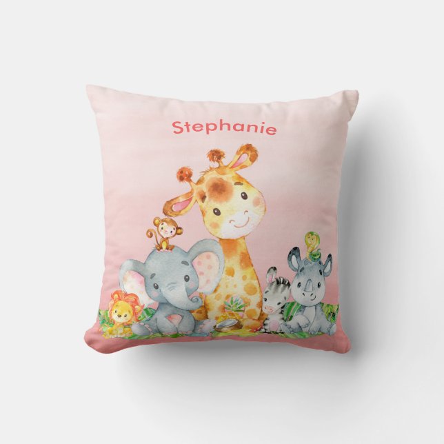 Pink Watercolor Cute Safari Jungle Animals Cushion (Front)