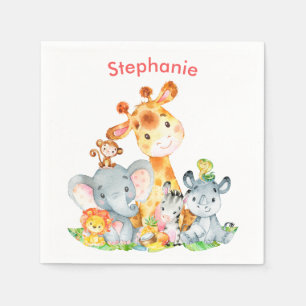 Pink Watercolor Cute Safari Jungle Animals Napkin