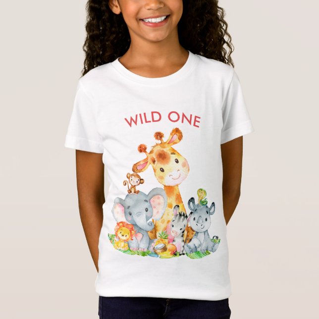 Pink Watercolor Cute Safari Jungle Animals T-Shirt (Front)