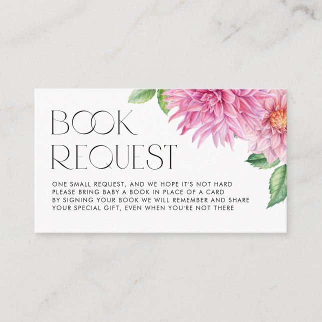 Pink Watercolor Dahlia Baby Shower Books Request Enclosure Card (Front)