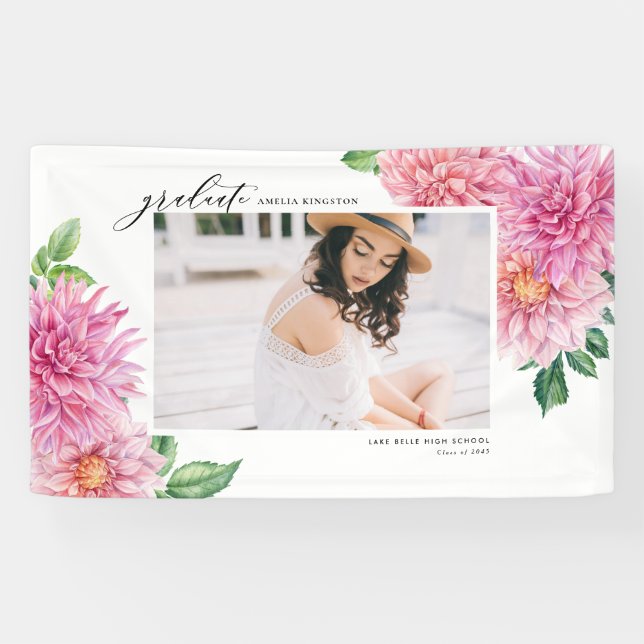 Pink Watercolor Dahlia Botanical Graduation Photo  Banner (Horizontal)