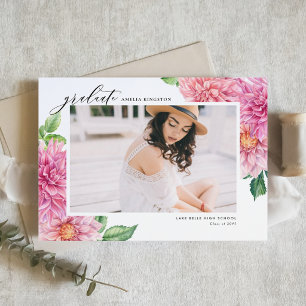 Pink Watercolor Dahlia Botanical Photo Graduation Announcement